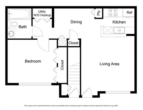 Floor plan for 1 bed, 1 bath, 788 sqft